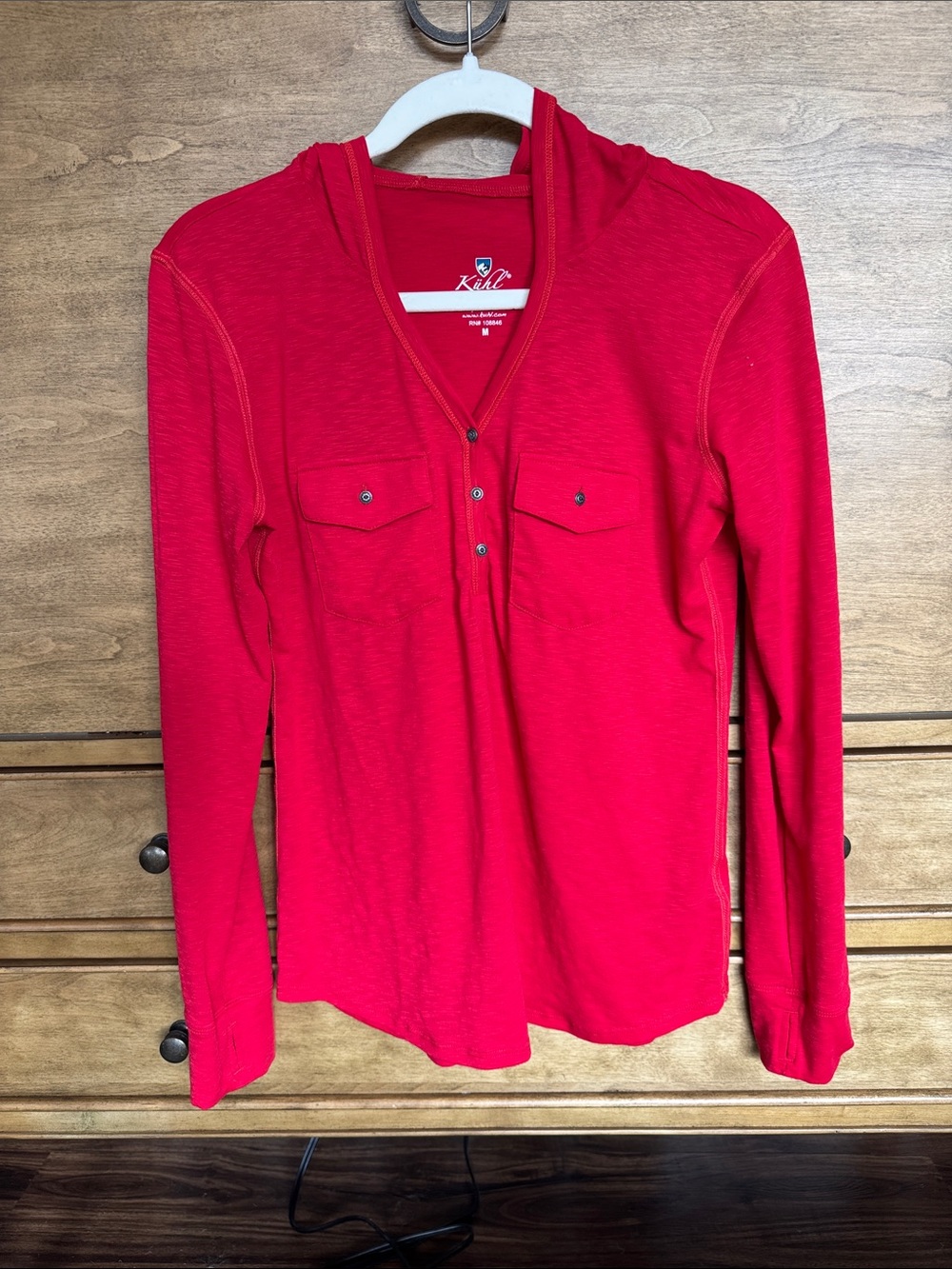 Kuhl Red Hooded Henley with Chest Pockets